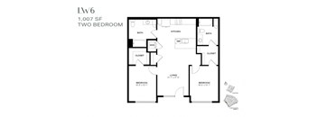 A black and white image of a two bedroom apartment floor plan.