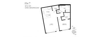 A black and white image of a one bedroom apartment layout at 872 SF.