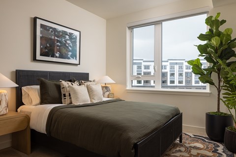 A bedroom with a large bed and a potted plant.