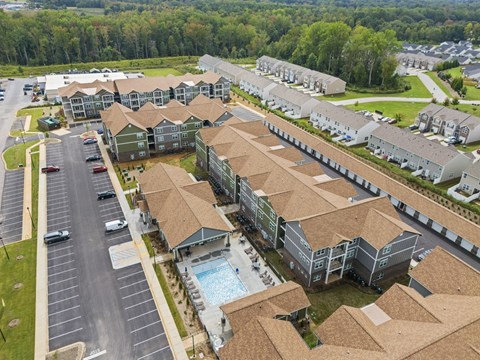 Grande at Geyser Falls Luxury Apartments Aerial View with Pool in Middle