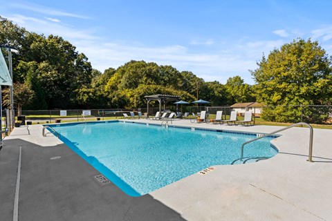 A large outdoor swimming pool surrounded by trees and lounge chairs.