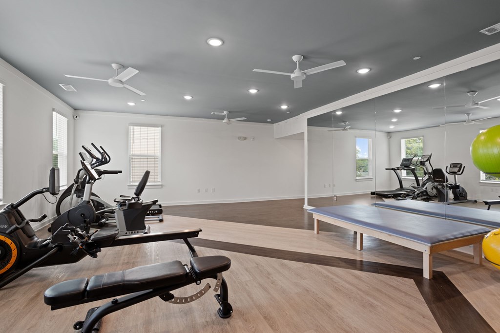 Ovata at Reedy Creek Senior Apartments in Charlotte NC Fitness Center with elliptical, stationary bike, dumbbells, benches, yoga balls, chest press and leg press.