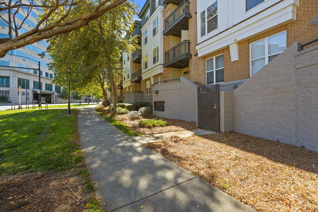 Flatiron West Trade Apartments exterior sidewalk