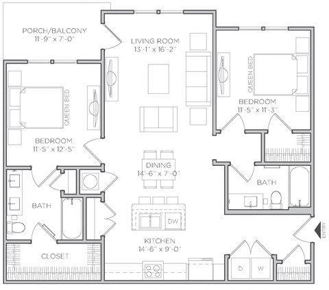 Waterleaf Neely Ferry 2-bedroom Dogwood floorplan