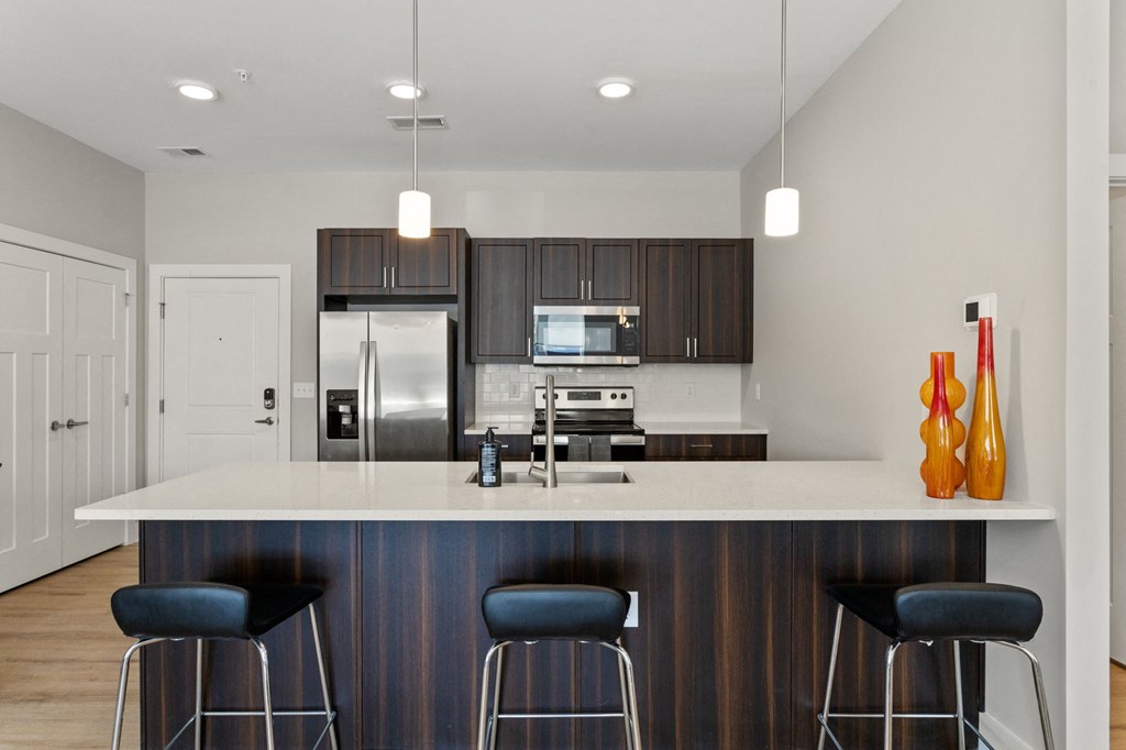 Greer, SC Pet-Friendly Luxury Apartments - Park View Greer - Kitchen Featuring Countertop with Seating and Modern Stainless Steel Appliances