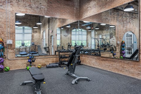 Newry Mill private 24 hour gym. Included are bench chairs, free weights, kettlebells, treadmills, and a mirror.