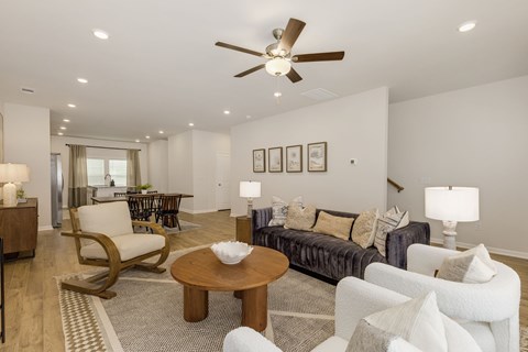 A living room with a brown chair and a white couch.