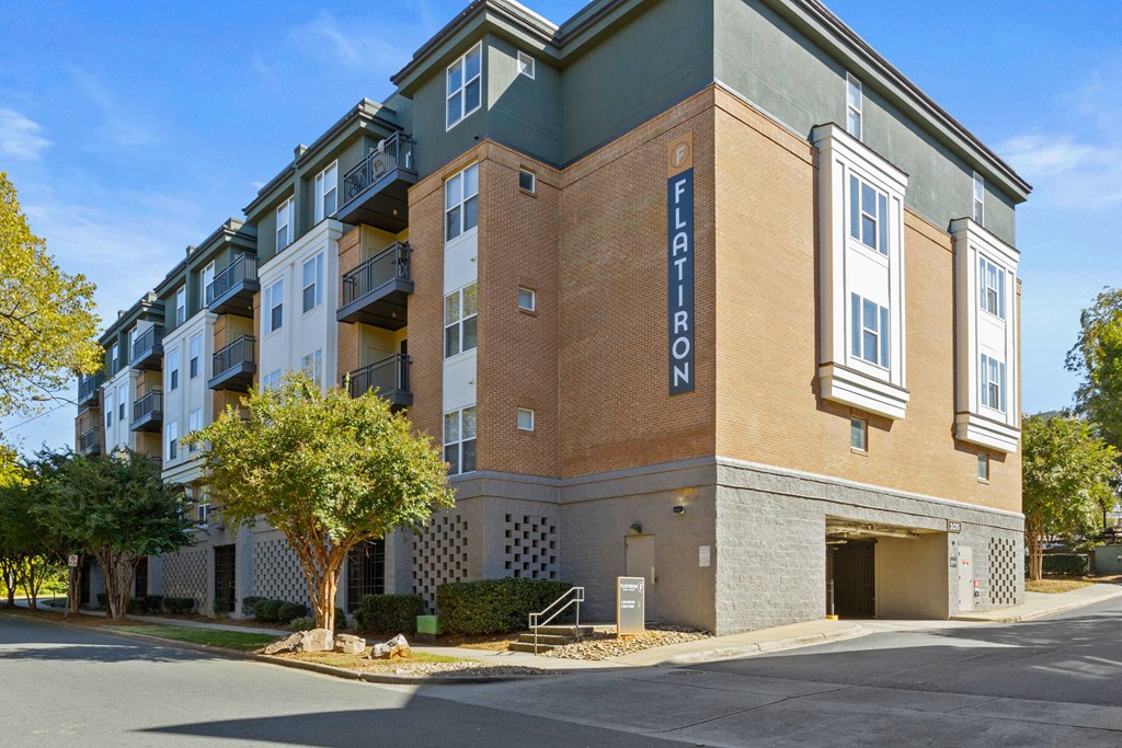 Flatiron West Trade Apartments exterior view of building with "Flatiron" on the side