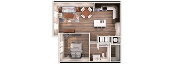 a 3d floor plan of a bedroom with a living room and a kitchen
