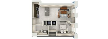 a 3d rendering of a 1 bedroom floor plan of a 2100 sq ft apartment