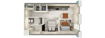 a floor plan of a studio apartment with a bedroom and living room
