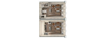 A top-down view of a two-bedroom apartment with a kitchen and living room.