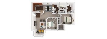 a stylized floor plan with bedrooms and baths and a living room