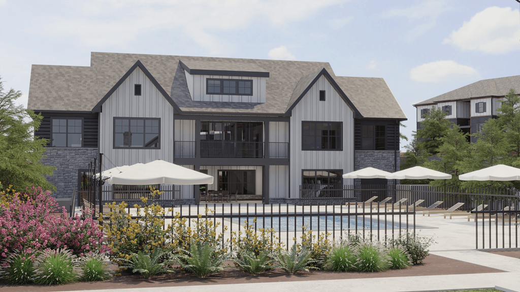 Pet-Friendly Apartments in Taylors, SC - NorthBrook - Resort-Style Saltwater Pool with Lounge Chairs, Sun Umbrellas, and Planted Flowers