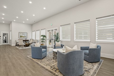 A spacious living room with grey couches and a rug.
