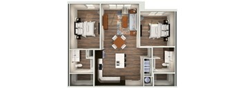 a 3d floor plan of a bedroom with a bathroom and a living room