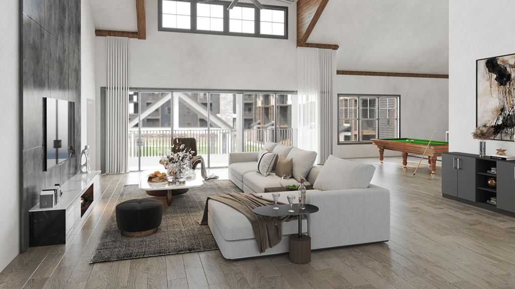 Taylors, SC Luxury Apartments - NorthBrook - Modern Clubhouse with Billiards Table, Expansive Sliding Glass Doors to Pool Area, and LVT Flooring