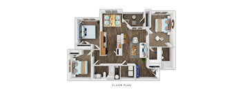 A detailed 3D floor plan of a house layout.