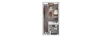 a stylized floor plan with a bedroom and a bathroom