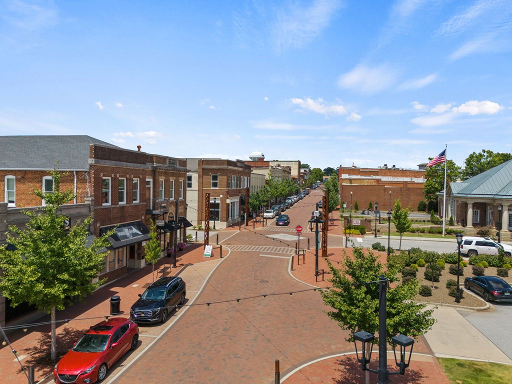 Overhead view of downtown Greer, SC with brick streets