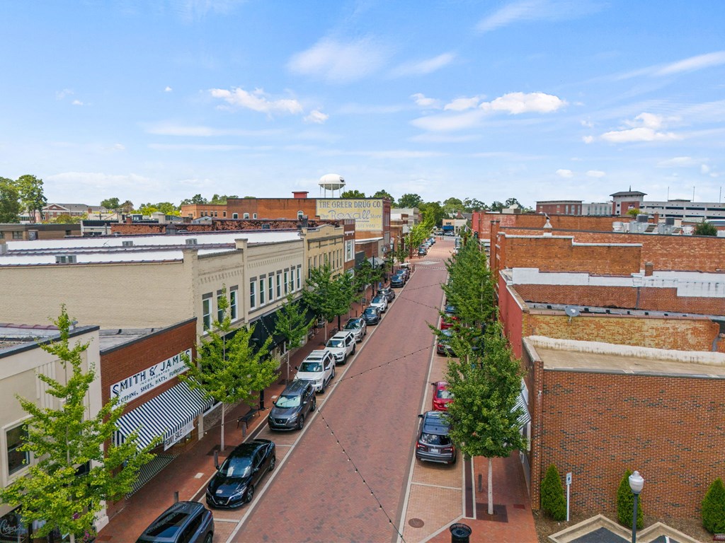 Overhead view of downtown Greer, SC with brick streets