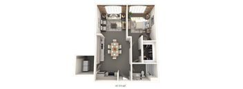 A 3D floor plan of a small apartment with a kitchen, living room, and bathroom.