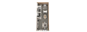 A detailed 3D floor plan of a small apartment.