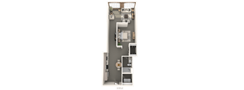A floor plan of a small apartment with a kitchen, living room, and bathroom.