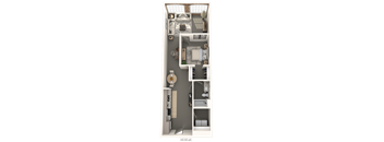 A floor plan of a small apartment with a kitchen, living room, and bathroom.