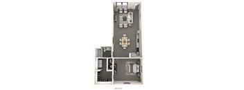 A floor plan of a small apartment with a kitchen, living room, and bathroom.