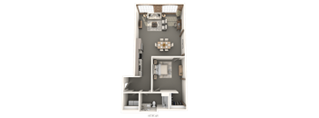 A 3D rendered image of a small apartment layout.