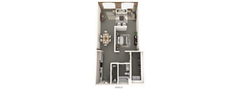 A top-down view of a small apartment layout with a kitchen, living room, and bathroom.