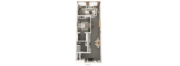 A floor plan of a small apartment with a kitchen, living room, and bathroom.