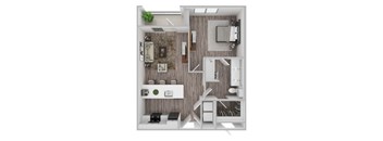 A 3D floor plan of a small apartment with a kitchen, living room, and bathroom.