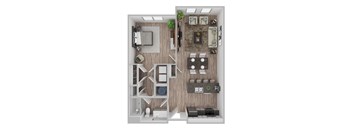 A top-down view of a modern apartment layout with a kitchen, living room, and bathroom.