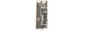 A floor plan of a small apartment with a kitchen, living room, and bathroom.
