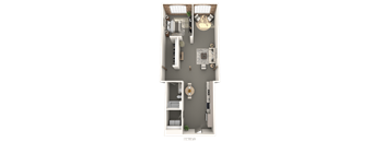 A top-down view of a small apartment with a kitchen, living room, and bathroom.
