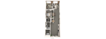 A floor plan of a small apartment with a kitchen, living room, and bathroom.