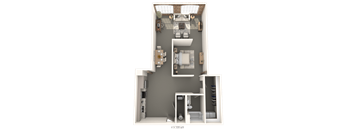 A 3D floor plan of a small apartment with a kitchen, living room, and bathroom.