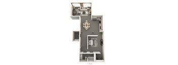 A 3D floor plan of a house with a living room, kitchen, and bathroom.