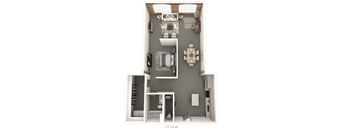 A floor plan of a small apartment with a kitchen, living room, and bathroom.