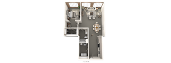 A floor plan of a house with a living room, kitchen, and two bedrooms.