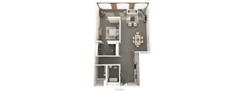A floor plan of a house with a living room, kitchen, and two bathrooms.