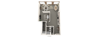 A 3D floor plan of a small apartment with a kitchen, living room, and bathroom.