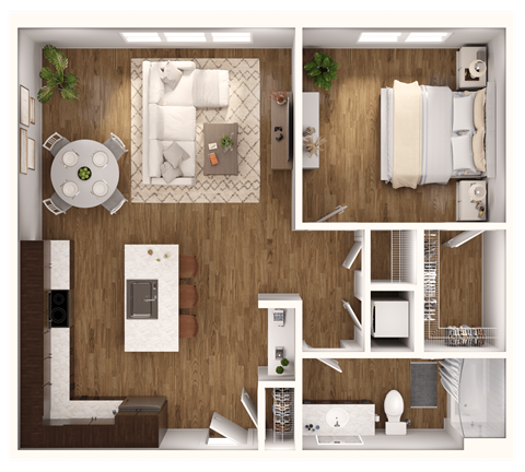 a 1 bedroom floor plan with a bathroom and a living room
