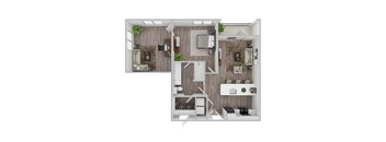 A 3D rendered image of a modern apartment layout.