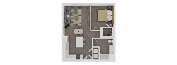 A top-down view of a modern kitchen with a dining area.