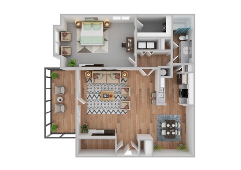 a stylized floor plan of a house with a bedroom and living room