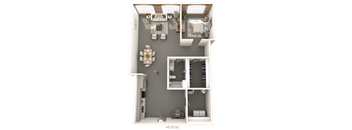 A 3D floor plan of a small apartment with a kitchen, living room, and bathroom.
