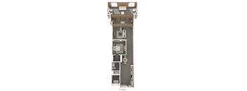 A floor plan of an apartment with a living room, kitchen, and two bedrooms.